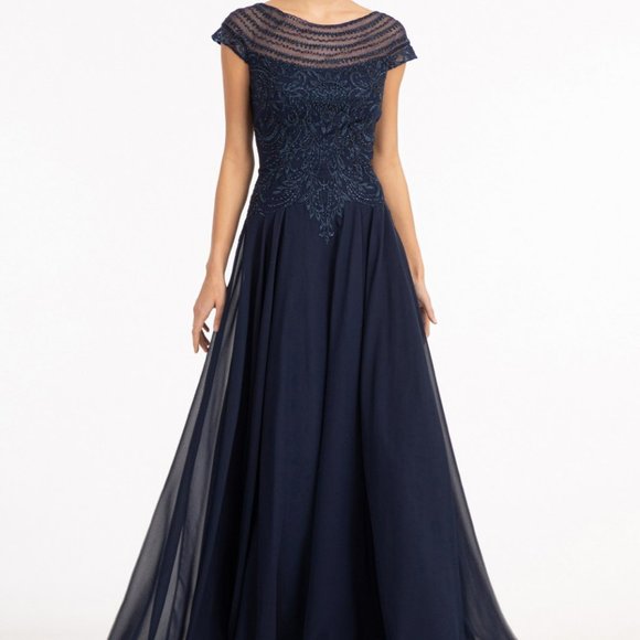 NAVY Beads Embellished Chiffon A-line Dress w/ Cap Sleeves GL3065